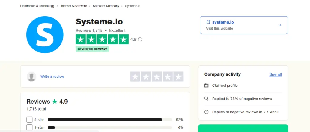 systeme.io review on trustpilot