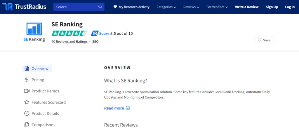 SE Ranking reviews on trustradius