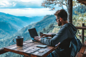 A man working on a laptop doing freelance writing jobs